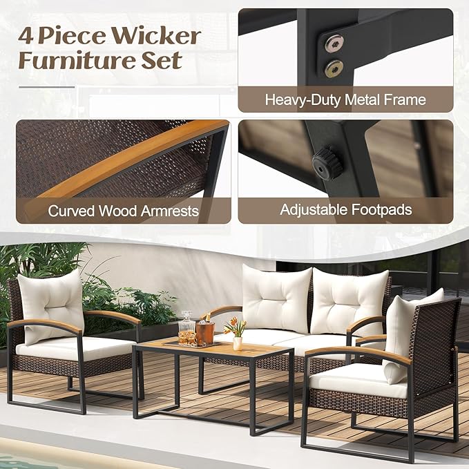 Tangkula 4 Piece Patio Conversation Set, with Heavy Duty Solid Acacia Wood Armrests & Tabletop, Outdoor Cushioned Wicker Furniture Set for Backyard, Poolside, Lawn, Balcony (1, Off White)
