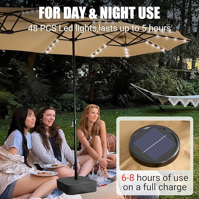 CHABATREE 14FT Large Patio Patio Umbrella with Base & Solar LED Lights - Double-Sided,Kahaki