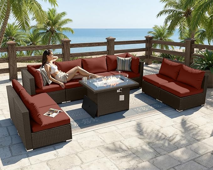 BULEXYARD 9 Piece High Back Outdoor Sectional Couch Set with Fire Pit, Luxury Weather-Resistant Patio Furniture Set, Comfy Extra Large 8-Person Backyard Seating Group L-Shape for Exterior, Brown & Red