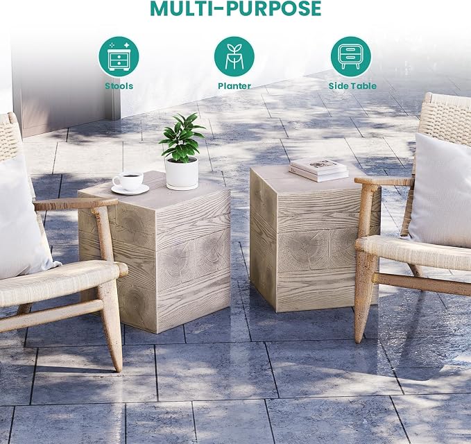 SUNBURY Outdoor Side Table Square, Faux Wooden Concrete Side Table End Table, Stump Stool for Patio Stand, Deck or Garden, Light Walnut