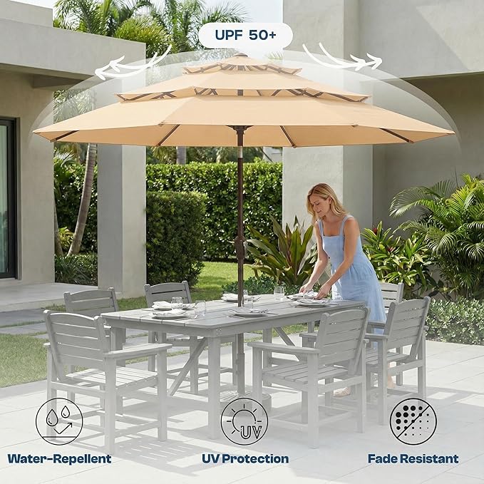 10ft Patio Umbrella, 3 Tier Outdoor Market Table Umbrellas with 8 Fiberglass Ribs and Push Button Tilt, Windproof, Vented Canopy, UV Protection for Deck, Pool, Backyard