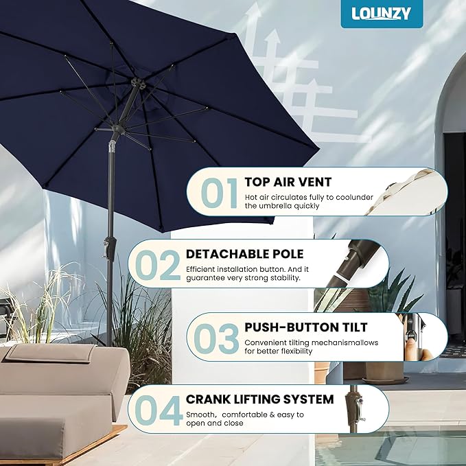 LOUNZY 9FT Large Outdoor Patio Umbrella Table Umbrella-UV Resistant,Easy Push Button Tilt and Crank,8 Sturdy Fiberglass Ribs Pool Umbrella for Patio,Backyard,Deck,Yard,Market