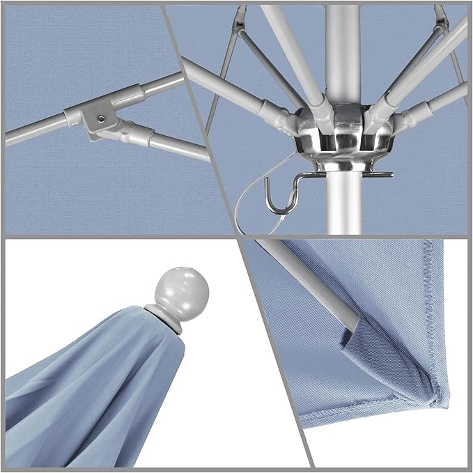 California Umbrella 9' Rd. Venture Series Contract Grade Patio Umbrella, Push Open Pin Stop, Silver Finish, Sunbrella Air Blue