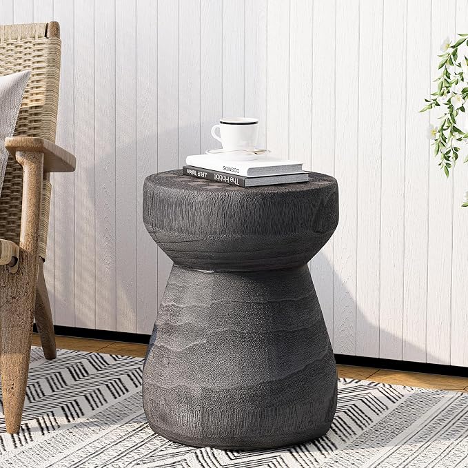 SUNBURY Outdoor Side Table, 14" Small Outdoor End Table, Patio Side Tables w Chessboard, Round Outdoors Concrete Side Tables, Garden Stool Plant Stand for Porch, Backyard, Grey
