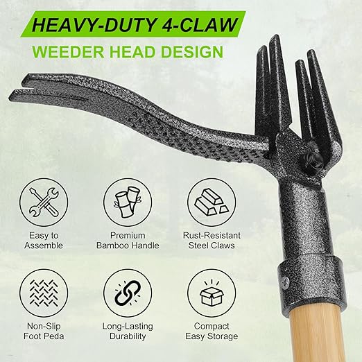 Stand Up Weed Puller Tool Heavy Duty Weed Remover with Long Handle,4-Claw Steel Head,Foot Platform Weeder 45" Bamboo Garden Hand Weeding Tool for Lawn Yard Easily Remove Dandelion Weeds Root Pulling