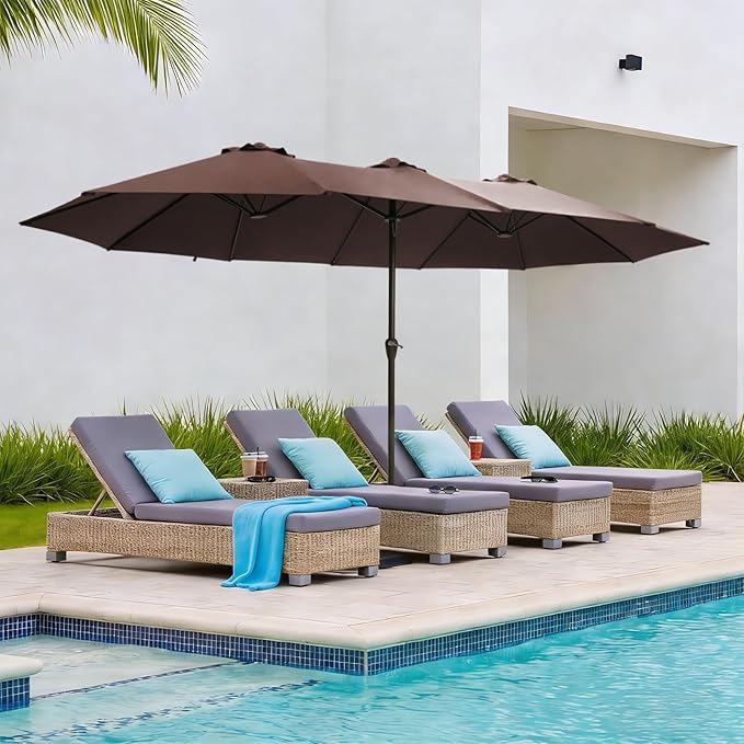15FT Large Patio Umbrellas with Base Included, Outdoor Double-Sided Rectangle Big Market Umbrella with Stand, Outside Umbrellas for Poolside Lawn Backyard,Brown