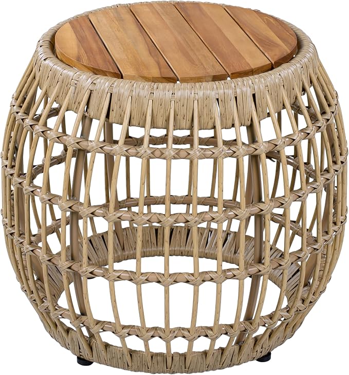 Christopher Knight Home Thalton Outdoor Side Table with Faux Wicker, Acacia Wood End Table, Round Patio Side Table, Accent Table for Garden Balcony Poolside and Indoor Use, Garden Stool, Light Brown