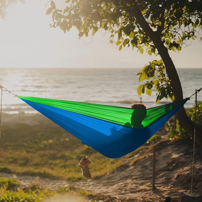 North East Harbor Hammock, Portable 2 Person Camping Hammock, Hammock for Two with Carabiners and Pre-Attached Bag, Two Person Hammock Camping Fun, Great Camping Accessories (Fruit Green & Light Blue)