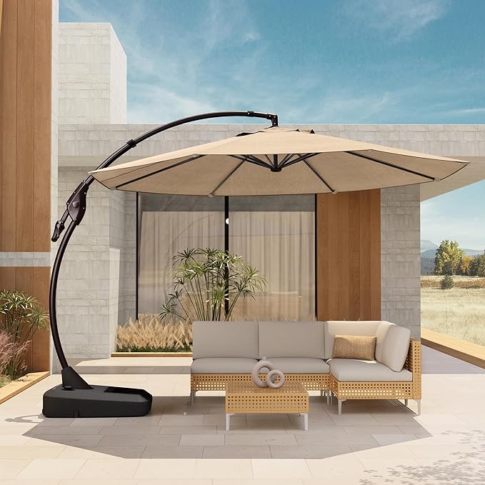 Grand patio 12 FT Patio Cantilever Umbrella Outdoor Large Round Aluminum Offset Umbrella Base Included for Deck Yard (Champagne, 12 FT)