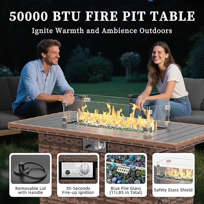 UDPATIO 5 Pieces Patio Furniture Set with Fire Pit Table, Outdoor Furniture Set with Rocking Swivel Chairs, Wicker Patio Set with Waterproof Cover, 4'' Thickened Cushion, Grey