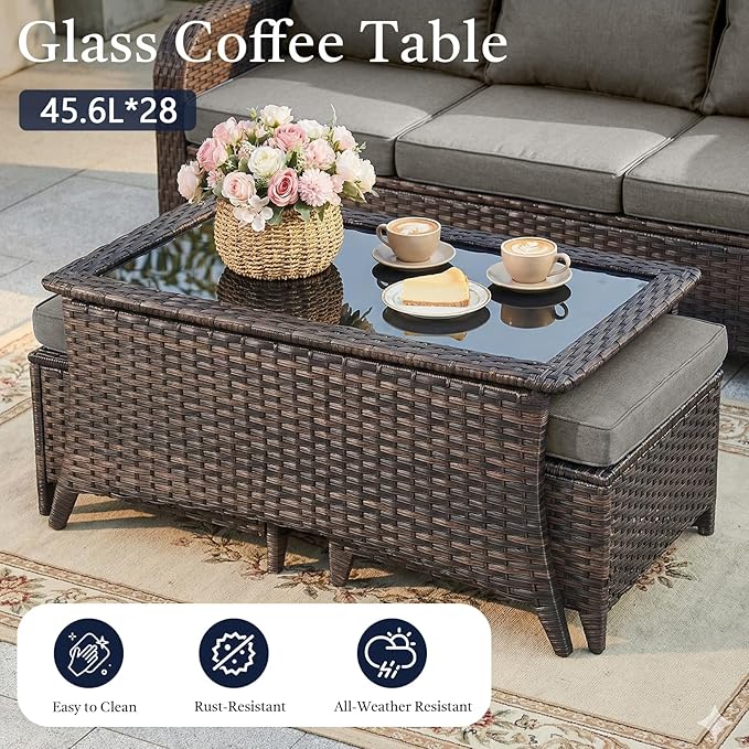 6 Piece High Back Patio Furniture Set - All Weather Patio Conversation Set with 4 Inch Thick Cushions and Deep Seating Swivel Glider Chairs & Outdoor Couch for Porch Deck Yard Pool