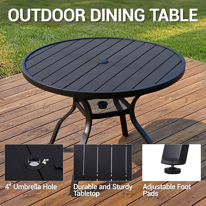 Outdoor Patio Dining Table for 4 People, 41" All-Weather Resistant Metal Round Table with Adjustable Umbrella Hole for Garden Backyard Porch Poolside, Black