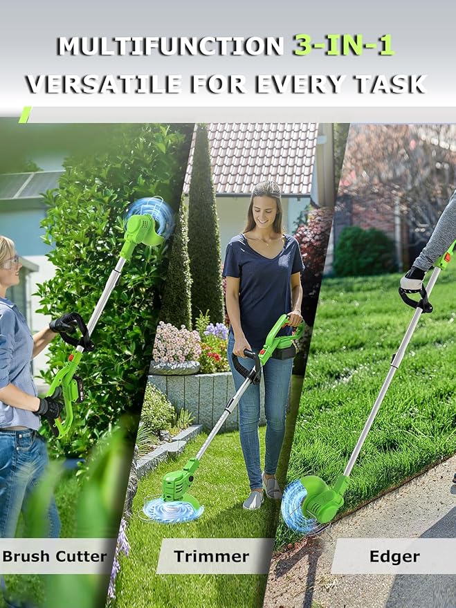 Electric Weed Wacker Battery Powered,20V Lightweight Cordless Weed Trimmer Eater with 2 Battery and Charger,3 in 1 Grass Trimmer/Brush Cutter/Lawn Edger with 26 Blade for Yard,Garden