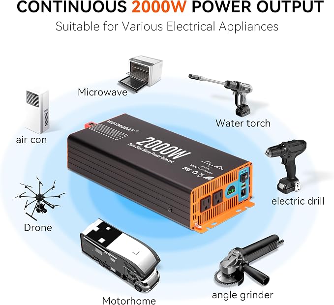 2000W Pure Sine Wave Inverter,24V DC to 120V AC Car Power Inverter 4000W Peak with 2AC Outlets, 3.0A USB and Type-C, LCD Display 16.5 ft Remote Control for RV Truck Travel Solar Emergency