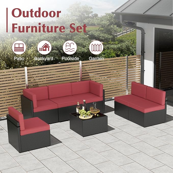 7-Piece Outdoor Patio Furniture Set, Patio Conversation Set, Patio Sectional Sofa Set with Coffee Table & Cushion for Backyard, Balcony, Garden, No-Slip, PE Wicker, Wine Red/Brown