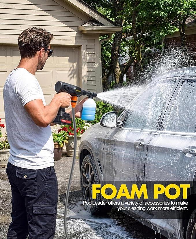 PoolLeader Cordless Car Cleaning Tool, Lightweight Portable Car Cleaner with 6-in-1 Nozzle & Foam Cannon, Battery Operated Cordless Car Wash Spray, Handheld Wash Machine for Car, Patio, Home - Yellow