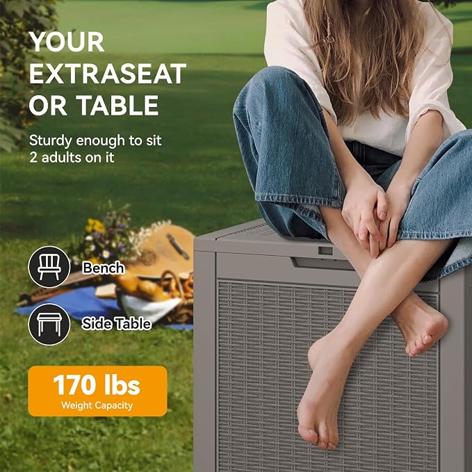 KAMABOKO 29 Gallon Outdoor Storage Box, Resin Deck Boxes Indoor and outdoor, Waterproof Storage Box Lockable Lid for Garden Tools, Package Delivery, Pool Supplies, Patio Cushions, Grey