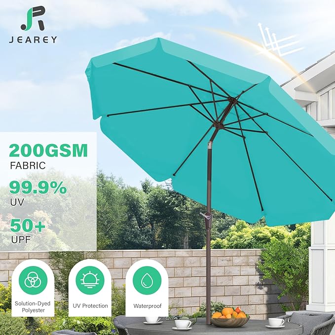JEAREY 9 FT Patio Umbrella Outdoor, Table Umbrellas Market Umbrella w/Push Button Tilt/Crank, 8 Sturdy Ribs(Teal)