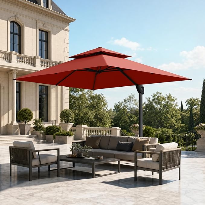 PHI VILLA 9' x 12' Rectangular Cantilever Patio Umbrella with Hydraulic Lift & 360° Rotation – Heavy Duty Windproof Offset Umbrella for Pool, Deck or Garden, Red
