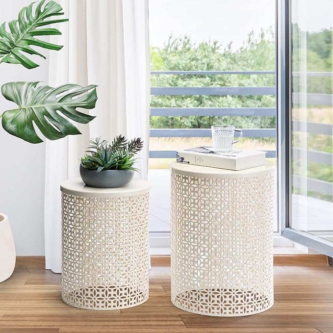 Glitzhome Outdoor Side Table Set of 2, Decorative Garden Stool for Patio, Heavy Duty Metal Frame Accent Table Modern End Table, Cream White | Decorative Garden Stool