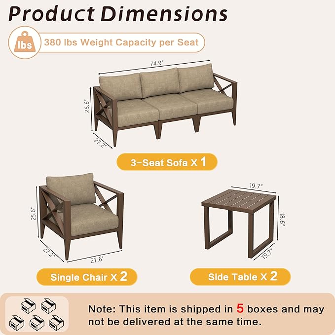 MBY 7-Piece Oversized Aluminum Patio Furniture Set–Brown Outdoor Conversation Sofa Set with Coffee Table, Deep Seating, Rust-Proof, All-Weather for Backyard, Deck, Balcony