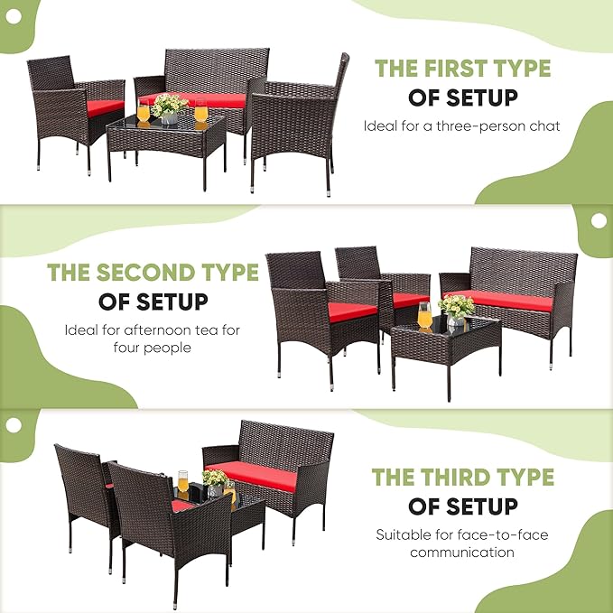 Greesum Patio Furniture 4 Pieces Conversation Sets Outdoor Wicker Rattan Chairs Garden Backyard Balcony Porch Poolside loveseat with Cushion and Glass Table, Brown and Red