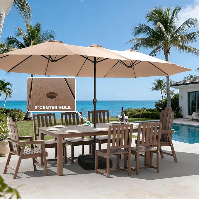 9-Piece Patio Dining Set, Outdoor Dining Set for 8, HDPE All-Weather Outdoor Furniture with 75.20” Umbrella Hole Table, 2 Armchairs & 6 Armless Chairs, Brown