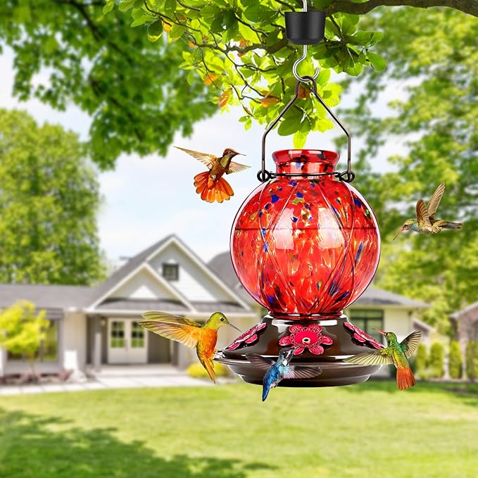 Hummingbird Feeder, BOLITE Glass Hummingbird Feeders for Outdoors Hanging, Meshy Texture Ball Shape with Ant Moat, 5 Bee-Proof Ports, 360° Perch, Leak-Proof, 20oz, Red, Gifts for Mom Dad Women Men