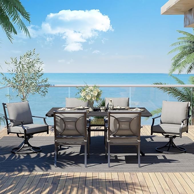 Grand patio Outdoor Patio Dining Set for 6 E-Coated Outdoor Furniture Set 7-Piece with 4 Swivel Dining Chairs & 2 Fixed Dining Chairs &1 Rectangular Dining Table with Umbrella Hole, Grey