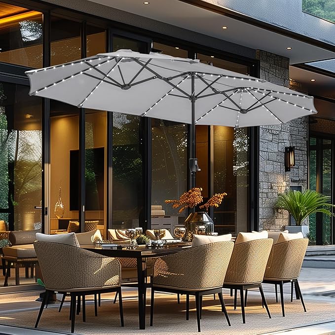 GREEN PARTY 13ft Outdoor Patio Umbrella with Solar Lights, 120 LED 12-Mode Large Double Sided Rectangular Table Umbrella, Heavy Duty Triple-Head Shade for Backyard Deck & Poolside, Gray(No Base)
