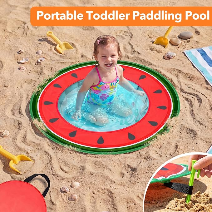 Hungdao Pop up Baby Beach Pool Portable Toddler Paddling Pool Cute Shape Beach Pit with Water Bag and Storage Bag for Infant Kids Boys and Girls Outdoor Summer Camping Traveling Vacation (Watermelon)