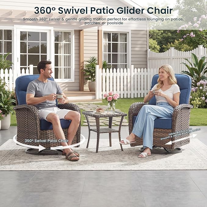 High Back Luxury Patio Furniture Set with 6-inch Thick Cushion, Swivel Rocker Patio Chairs with Outdoor Couch, 6 Piece Wicker Conversation Set for Deck Yard Garden Balcony Blue Cushion