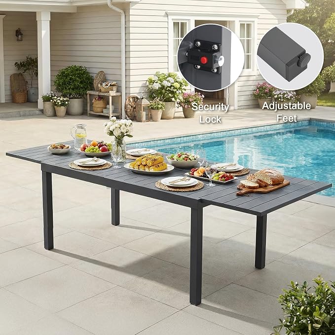 SUNSITT 7 Piece Outdoor Patio Dining Set, 63" - 105" Aluminum Expandable Outdoor Dining Table and 8 Woven Wicker Patio Chairs w/WPC Armrests for Garden, Dark Grey
