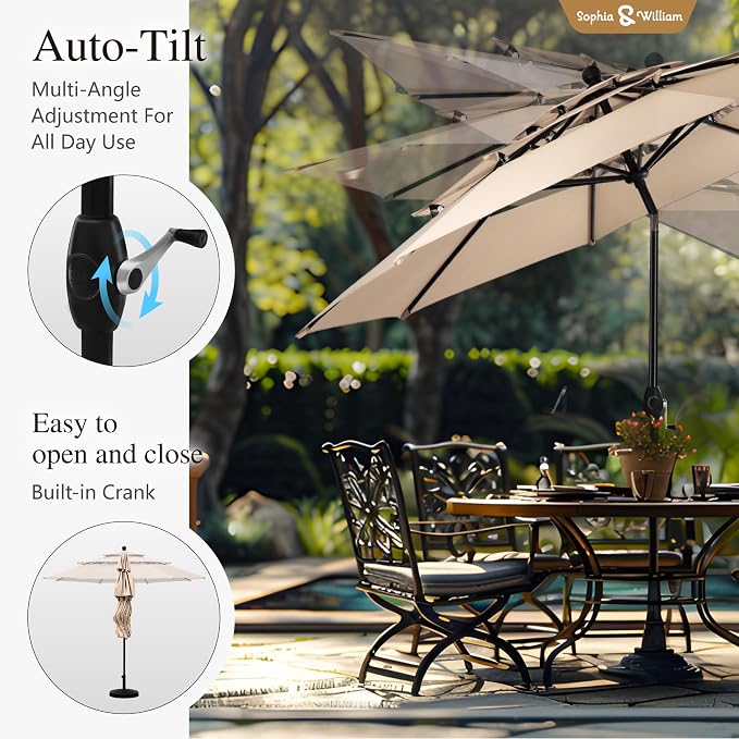Sophia & William Metal Outdoor Patio Dining Set 6 PCS with 10ft 3 Tier Auto-tilt Umbrella(Beige), 4 x Metal Outdoor Chairs, 1 x Square 37"x 37" Dining Table and 1 Patio Umbrella
