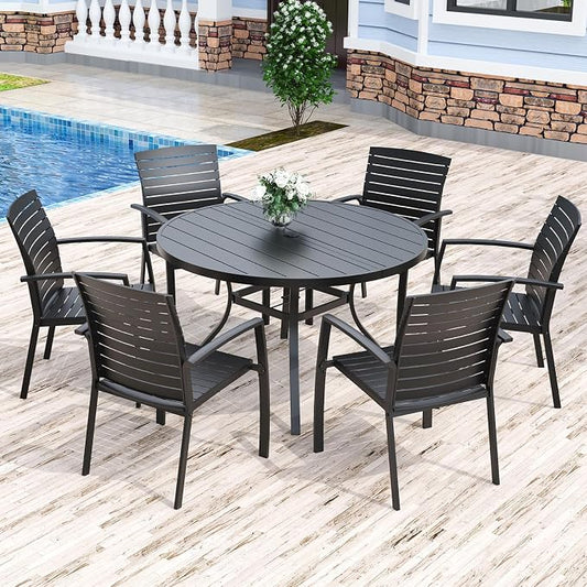 Anmutig Outdoor Dining Set for 6, 48" Round Table & 6 Aluminum Frame Chairs | Stackable Chairs, Resin Slat Seating, Powder-Coated Steel Table, Umbrella Hole, Easy Assembly, Patio, Garden, Backyard