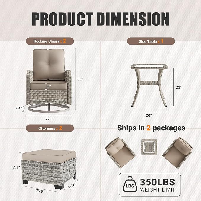 Outdoor Patio Furniture Set Patio Rocking Swivel Chair with Tempered Glass Side Table, Outdoor Wicker Rattan Bistro Set with Ottomans for Garden, Deck, and Balcony, Beige