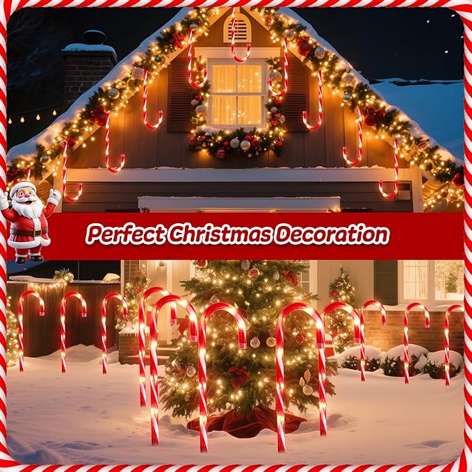 12Pack Christmas Decorations Candy Cane Lights,16" Lighted Pathway Makers Lights with 72 Warm Lights, Connectable Christmas Lights Outdoor Walkway Sidewalk Candy Canes Yard Lawn Decor