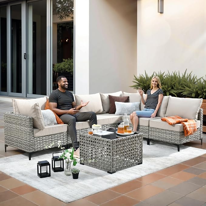 CAODOC 9-Piece Outdoor Sectional Sofa Set w/ 42" Fire Pit – L-Shaped Wicker Patio Furniture, Deep Seating & Swivel Rockers,Beige