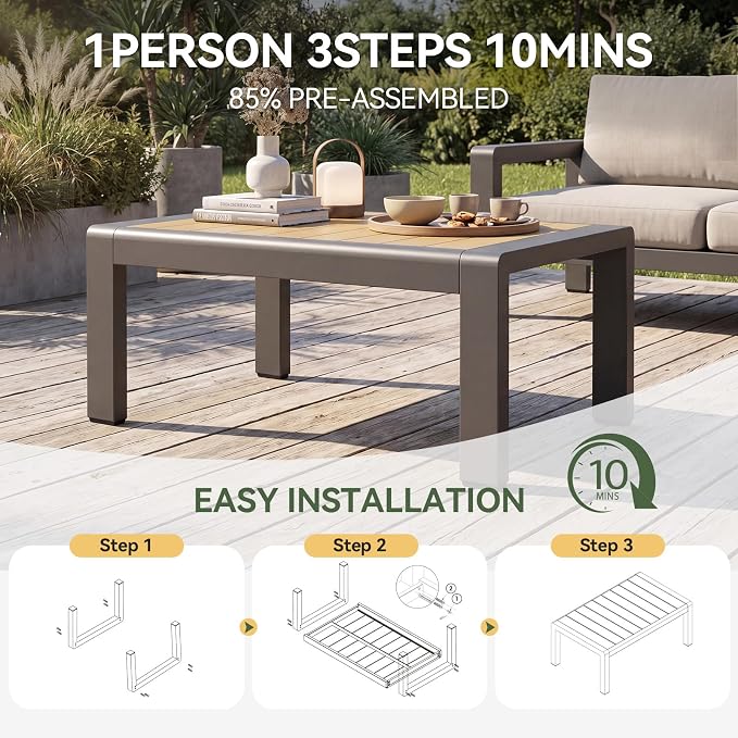 Aoxun Aluminum Patio Coffee Table, All-Weather Outdoor Metal Coffee Table with Stylish Tabletop for Balcony, Garden, Dark Grey