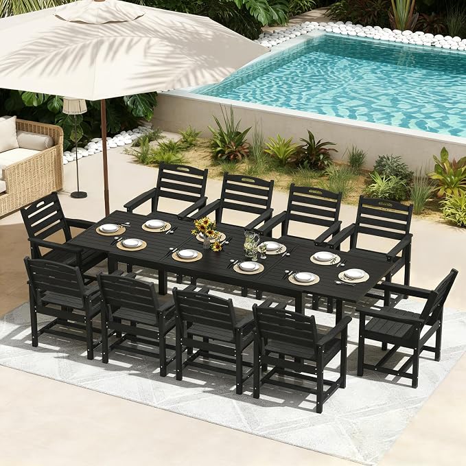 PIZZELLO 11 Pieces Outdoor Dining Set, 106" Extendable Aluminum Patio Dining Table w/ 10Pcs HDPE Patio Chairs, All Weather Outdoor Table and Chairs Sets for Backyard, Garden and Deck