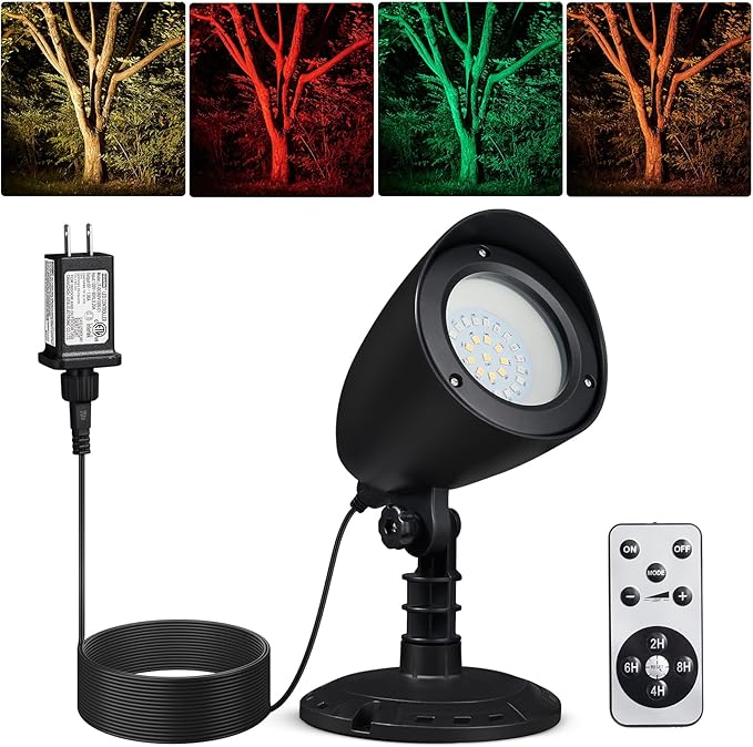 SURAIELEC LED Spotlight, Remote Control Spot Lights Outdoor, Indoor Plant Uplighting with Base, Landscape Light for Yard, Trees Holiday Decor, Red Green Yellow Warm Glow, Waterproof, 10FT Cord
