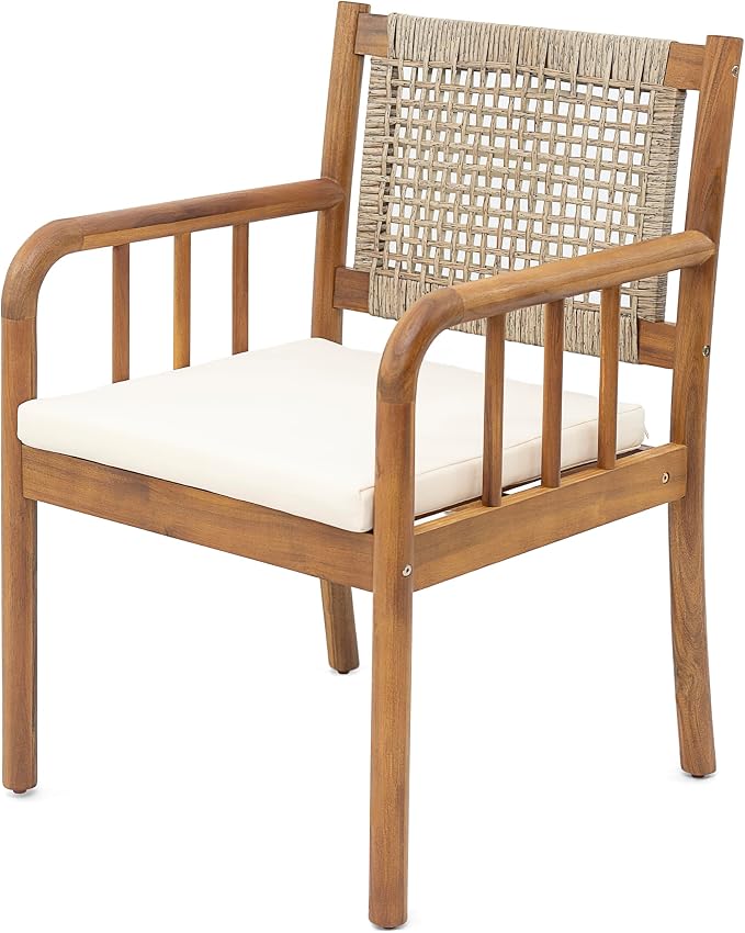 Christopher Knight Home Vera Acacia Wood Outdoor Dining Set for 6, 7 Piece Patio Dining Table and Chair Set, Wooden Outdoor Dining Armchair and Table Set, Teak+Cream