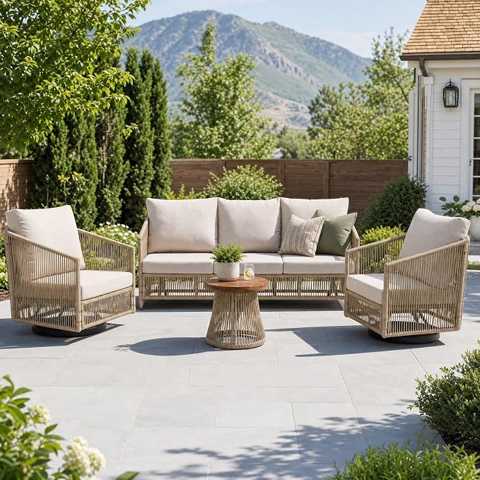 SUNSITT 4-Piece Wicker Patio Furniture Set, Outdoor Patio Conversation Set w/Swivel Chairs, Open Weave Wicker 3-Seater Couch Set w/Wood Top Side Coffee Table, Natural Color