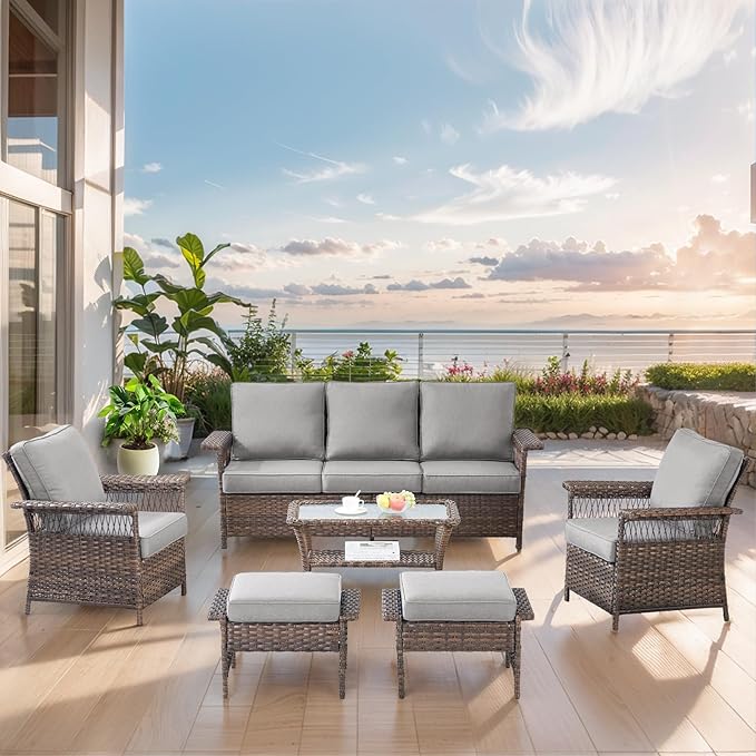 Outdoor Wicker Patio Furniture Set - 6 Piece Rattan Patio Conversation Sets with 2 Armrest Chairs,2 Ottomans,1 Sofa and 1 Coffee Table for Porch Deck Garden(Brown/Grey)