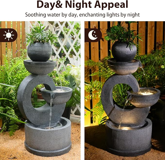 35.6" Tall 3-Tier Resin Outdoor Water Fountain with LED Lights, Natural Cascading Crock Bowl Design for Garden, Patio, Yard, Porch & Deck Décor – Dark Gray