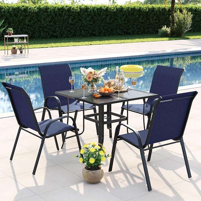 Amopatio 5 Pieces Patio Dining Set for 4, Outdoor Table and Chairs, 4 All Weather Stackable Patio Chairs, 36" Patio Spliced Square Table with Umbrella Hole, for Deck, Backyard, Garden,Blue