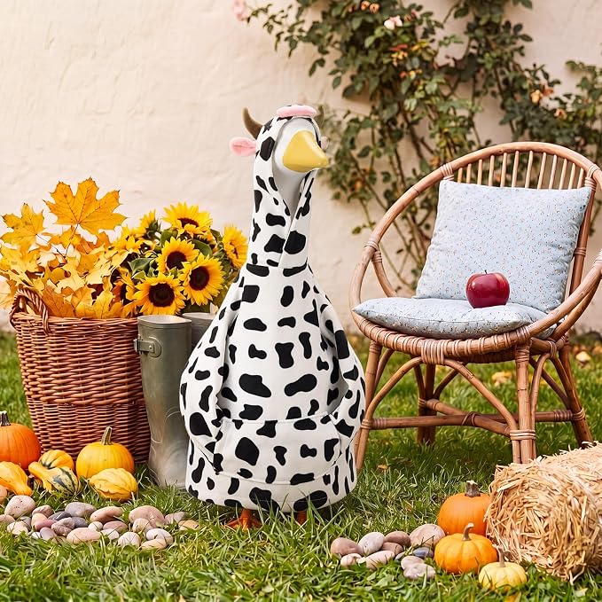 Cow Porch Goose Outfit for 23" Cement Plastic Goose Clothes Cow Costume with Horns for 23" Geese Statue Decoration Patio Yard Garden Lawn Outdoor Decors