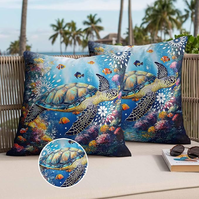 Turtle Waterproof Outdoor Pillow Covers Set of 2 Home Decor, Ocean Fish Coral Underwater World Cartoon Pillowcase Patio Pillow Covers for Couch Bench Furniture Garden 16x16in