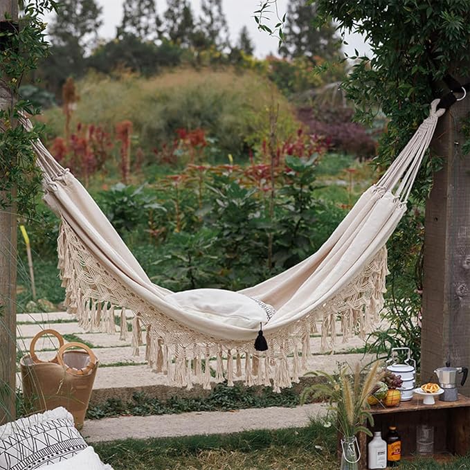 Boho Macrame Hammock with Tassels Patio, 400 lbs Portable Hammock with Travel Bag for Porch Patio Bedroom Balcony Outdoor Indoor (79 * 59'')