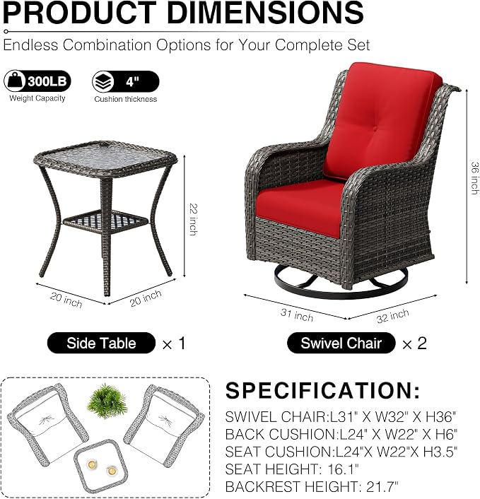 Joyside 3 Piece Wicker Patio Furniture Set, Outdoor Swivel Rocker Patio Chairs with High Back, Deep Seating, Wide Armrest, Thickened Cushions, Outdoor Furniture for Deck, Porch Use